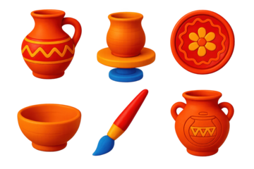Mexican Pottery Icons. 3D icon set of Mexican pottery making: clay jug with patterns, shaping wheel, fired ceramic plate,