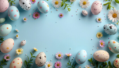 aster Eggs Flat Lay with Colorful Decorated Eggs and Spring Flowers — Pastel Holiday Flat Lay Photography