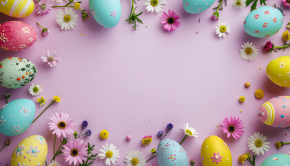 aster Eggs Flat Lay with Colorful Decorated Eggs and Spring Flowers — Pastel Holiday Flat Lay Photography