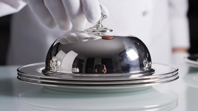 Gloved hand lifting silver cloche from stack of plates professional food service dining presentation