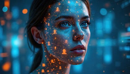 Young woman face glows with digital light, data elements. Bright orange dots, user profile icons cover skin, connecting to vast network. Looks ahead, AI, big data, future tech, human identity,