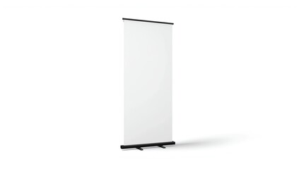 Depict a single white banner stand with a black top bar, black support pole, and black flat base, centered against a bright white background