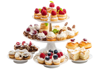 Pastries Savouries and Cakes on High Tea Stand Afternoon Tea isolated on white background