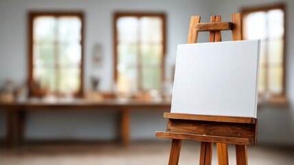 Empty canvas on wooden easel in bright art studio with natural light and blurred background showcasing tranquil creative space for artists and painters