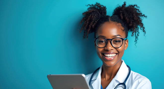 Smiling afro-american doctor holds tablet device against blue background. Female physician wears glasses, medical coat, stethoscope. Confident medic uses gadget, looks at camera. Healthcare expert