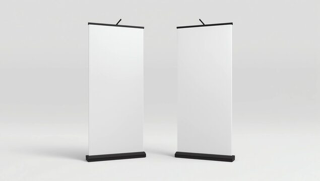 Display two retractable banner stands with dark bases placed on a clean white background.