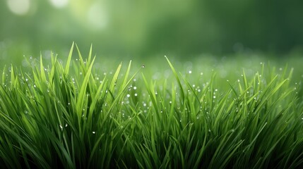 Obraz premium Dew-kissed Green Grass Under Soft Morning Light, Lush Meadow Scene with Fresh Blades and Gentle Blurriness in Background, Ideal for Nature Photography