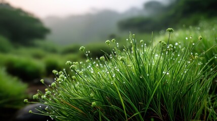 Dewy Grass in Misty Landscape at Sunrise, Capturing Nature’s Beauty and Serenity in Early Morning Light with Droplets on Vibrant Green Blades