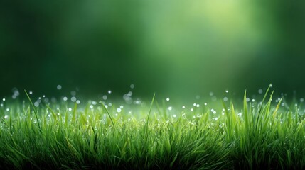 Lush Green Grass with Dew Drops Glimmering in the Morning Light on a Blurred Nature Background for Peaceful and Serene Scenes