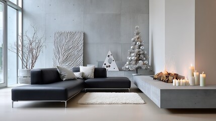 Cozy Christmas Living Room with Modern Decor, Fireplace Ambiance, and a Stylish Sofa creating a warm and inviting holiday atmosphere enhanced by soft lighting