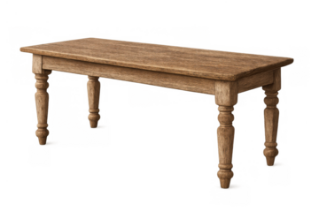 Wooden bench with turned legs. Rustic country style furniture for home decor. Object on a transparent background