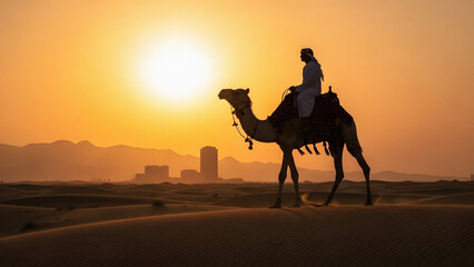 UAE National Day vertical concept of a camel rider silhouette at sunset for social media stories