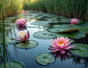 Obraz premium Pink water lilies bloom on calm pond water surface, surrounded by large green leaves. Tall reeds grow along the edge, reflecting in the water. Peaceful aquatic nature scene.