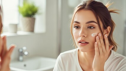 Young Woman Applying Skincare Cream to Face in Bright Bathroom