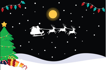 Naklejka premium Santa's Night Flight: A whimsical illustration depicts Santa Claus soaring through a snowy night sky, his sleigh pulled by reindeer, with a Christmas tree and gifts nestled in the snowy ground.