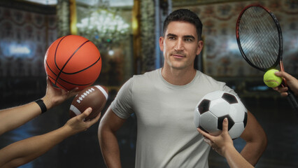 Man holds soccer ball and football while multiple hands offer basketball and tennis racket in ornate building; confidence teamwork determination.