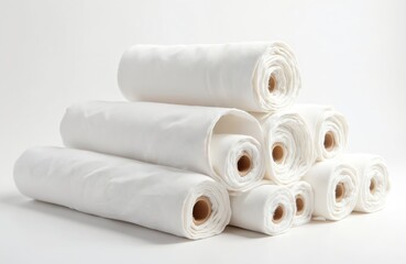 Stack of white cotton fabric rolls. Soft textile material for clothing, crafts. White cotton fabric rolls stacked in pyramid shape on plain background. Rolls of white fabric for sewing, textile