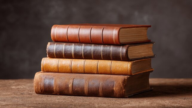 Vintage leather-bound books stacked neatly on a rustic wooden surface with a blurred brown backdrop creating an inviting and warm atmosphere for readers