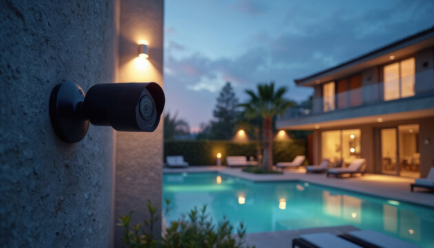 Modern security camera on wall protects luxury home property. Black tech device watches outside house entrance. Illuminated swimming pool, patio area glow at dusk. Smart residential surveillance