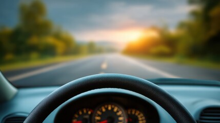 Close-Up View of a Car Steering Wheel with Blurred Landscape Beyond, Capturing a Scenic Sunset Drive on an Open Road