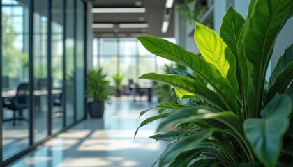 Modern office interior features green plants, natural light, glass walls. Clean workspace promotes pleasant, productive atmosphere for employees. Biophilic design blends nature with business tech for