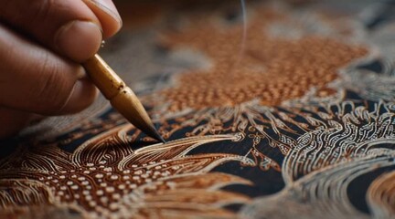 Crafting intricate batik art with precise brushstrokes, a mesmerizing display of cultural heritage and artistic skill in motion