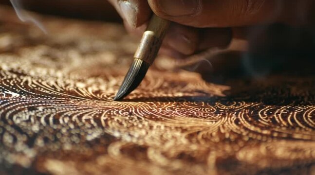 Artisan meticulously painting intricate gold designs with a fine brush, creating a luxurious and ornate texture with artistic flair and dedication