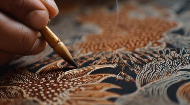 Crafting intricate batik art with precise brushstrokes, a mesmerizing display of cultural heritage and artistic skill in motion
