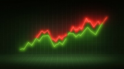 Abstract digital stock market graph illustration with green and red lines depicting financial performance trends and fluctuating data representations