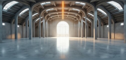 Vast empty industrial hall features concrete pillars, arched roof. Natural light floods through large window, skylights, reflecting on floor. Striking orange light column adds modern flair. Spacious