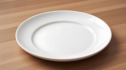 Minimalist white plate on a wooden table, perfect for showcasing delicious recipes and food photography in your restaurant or culinary blog projects