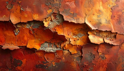 Abstract close up of rusty peeling metal surface in orange and red tones, grunge industrial texture.