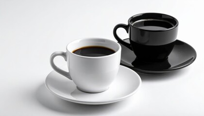 Obraz premium White and black coffee cups with saucers on light background, minimal cafe style