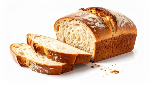 Fresh loaf of bread with slices on white background, bakery food product shot