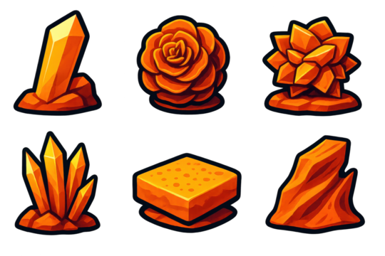 Vibrant Desert Crystals. 3D icon set of rare desert crystals: gypsum selenite blade, desert rose crystal, barite rosette, thin