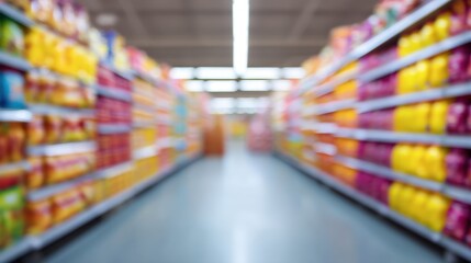 Blurred Perspective of Colorful Grocery Aisles with Various Products and Bright Packaging in a Large Supermarket Environment