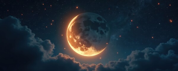 Fototapeta premium Bright moon glows with orange light in dark night sky. Stars and clouds surround moon. Celestial body hangs over clouds, deep space cosmic background, dreamlike atmosphere.