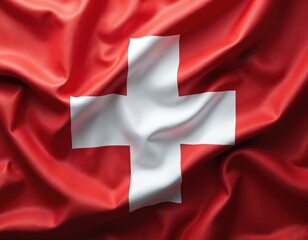 Close up Swiss flag on white fabric. Red ensign with white cross. National symbol Switzerland shows independence patriotism. Travel silk banner ideal for graphic design in traditional color. Copy