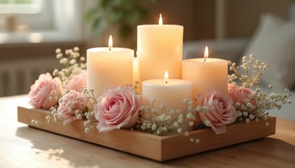 Lit candles with pink roses and baby breath flowers arranged on wooden tray. Soft natural light fills cozy room creating tranquil home ambiance. Floral centerpiece offers serene decor.