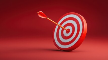 Target with Arrow Hitting Center on Red Background Represents Success, Goals, Achievement, Focus, Determination, and Precision in a Minimalist Style