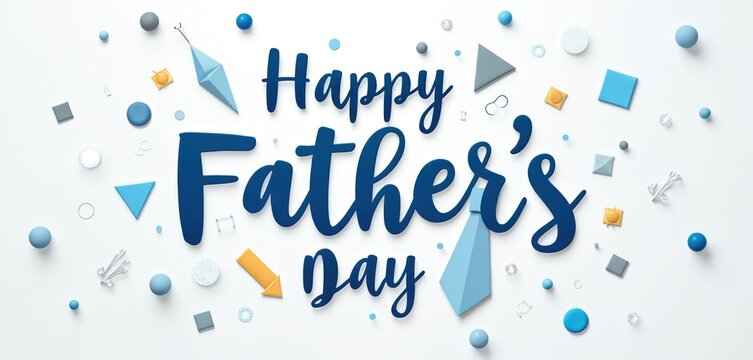Festive greeting card for fathers day celebration. Playful design includes geometric shapes, tie, stylish typography. Creative blue art for greeting fathers. Gift concept for dad. Holiday decorative
