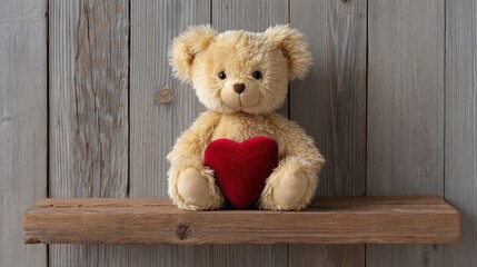 Cute teddy bear with a red heart sitting on a wooden shelf against a rustic wall, perfect for expressing love and affection in cozy home settings.