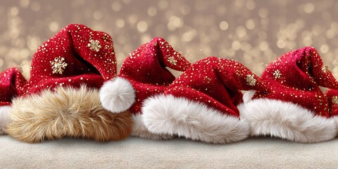 Festive panoramic view of Santa hats adorned with golden snowflakes and luminous bokeh, creating a whimsical holiday arrangement on textured surface