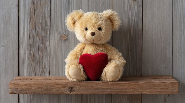 Cute teddy bear with a red heart sitting on a wooden shelf against a rustic wall, perfect for expressing love and affection in cozy home settings.