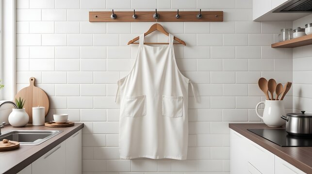 Modern kitchen scene featuring a clean white apron hanging on a rack, ready for baking and cooking adventures in a bright and inviting space