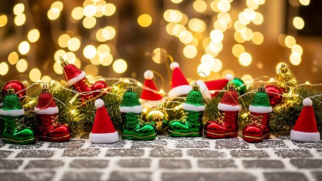 Christmas ornaments on a blurred background with festive lights, a whimsical holiday scene