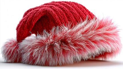 Close-up of a plush, oversized Santa Claus hat with soft faux fur trim, showcasing vibrant red and white tones, ideal for holiday decoration with copy space