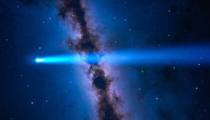 A bright comet streaks across a star-filled night sky, glowing blue within a dense cosmic cloud.