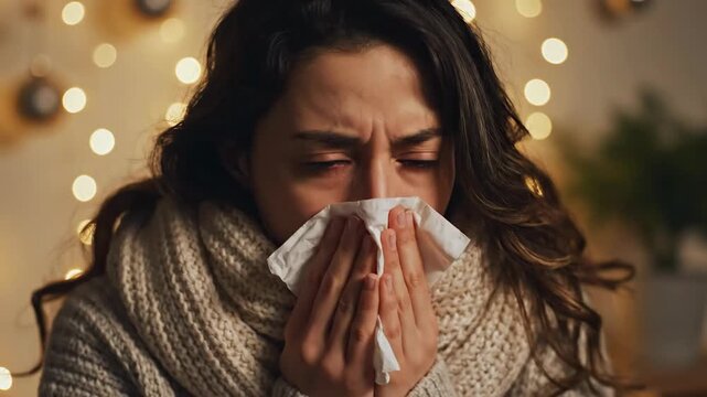 Young woman blowing nose into tissue feeling unwell during cold season illness symptoms flu sickness allergy seasonal discomfort health problem indoors