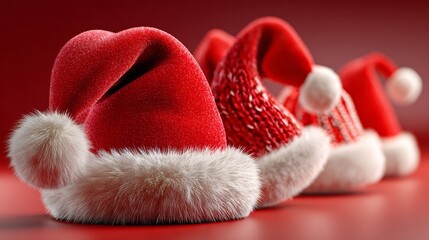 Realistic row of Santa Claus hats with fluffy trim, capturing the joyful spirit of Christmas with vibrant red colors and soft textures, holiday decor